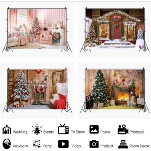 Christmas Fireplace Backdrop Vintage Xmas Tree Stockings Photography Background Party Banner Decorations Photo Studio Props