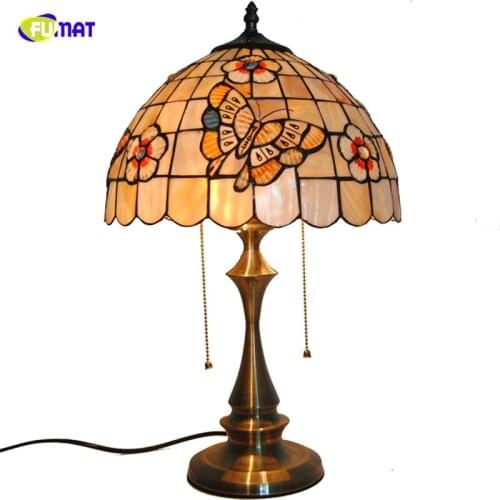 FUMAT 12" Natural Shell Butterfly & Flowers Lampshade Table Lamps Tiffany Stained Glass Table Lights For BAR Living room Bedside