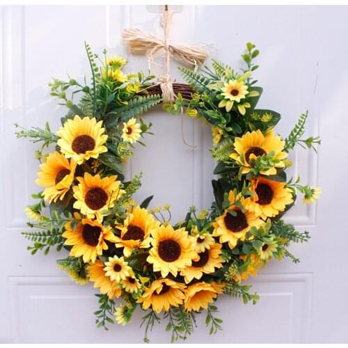 Artificial Yellow Sunflower Wreath With Green Leaves For Front Door Indoor Outdoor Wall Wedding Home Decoration