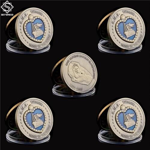 5PCS Bronze Titanic Coin Collection 1912 Titanic Heart of the Ocean Coin Medal Blue Enamel Large Ship