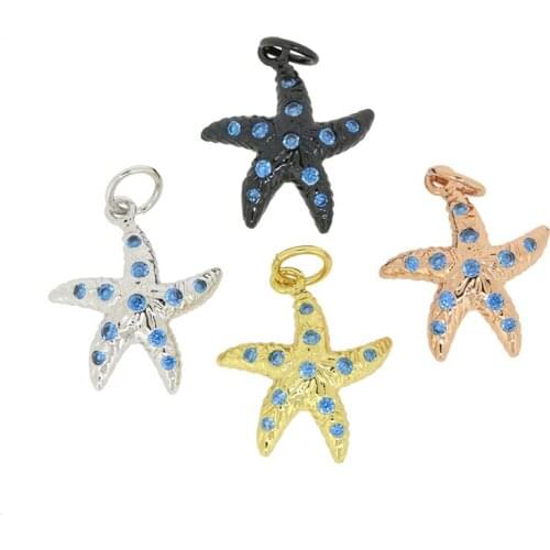 Tiny Starfish Star Fish Charm Pave Sky Blue CZ Zircon 1 Loop Pendant Bead Connector End Bead Charms Parts For Jewelry DIY