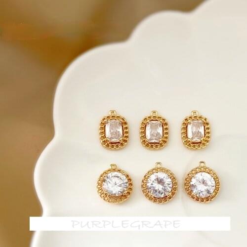 Copper Plated 18K Real Gold Chain Side Round Rectangle Zircon Pendant DIY Earrings Necklace Material Clavicle Chain Pendant