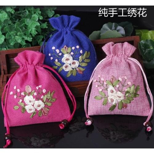 Small Drawstring Linen Jewelry Bag Handmade Ribbon Embroidery Gift Packaging Bag Birthday Party Favor Bags with Lined 2pcs/lot