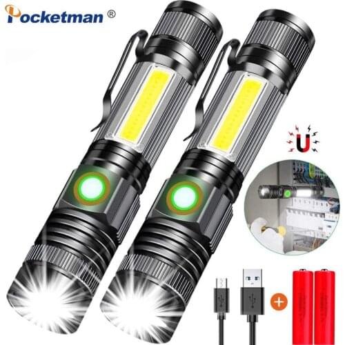 20000LM USB Rechargeable LED Flashlight Super Bright Magnetic LED Torch with Cob Sidelight a Pocket Clip Zoomable for Camping