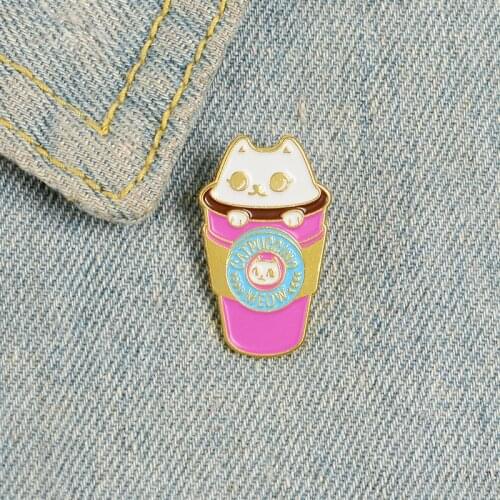 Cartoon cute pink animal cat cup enamel brooch pin custom alloy badge denim clothes bag accessories jewellery gift for friends