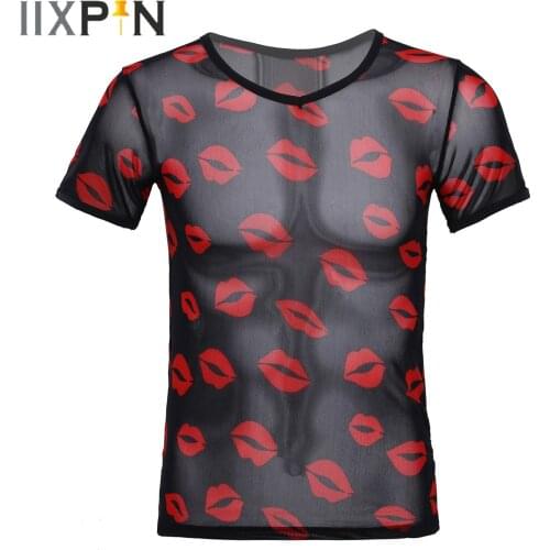 Mens Lip Print See-through Mesh T-shirt Fitness V Neck Wrestling Singlets Short Sleeve Sheer Tops Nightclub Stage Show Costume