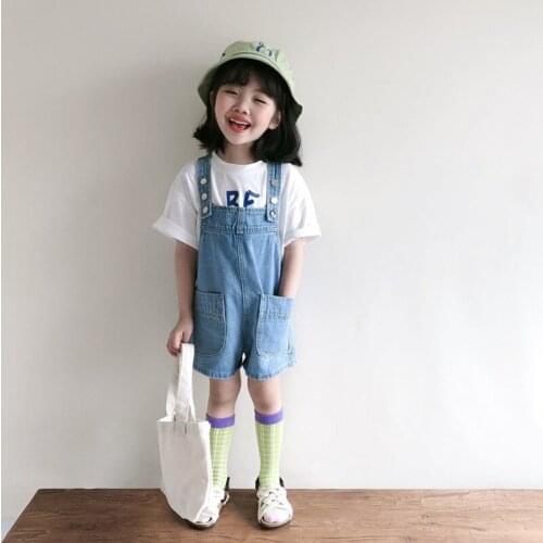 2021 New Summer Korean Style Girls Jumpsuit Cute Fashion Washed Jeans Denim Romper Straps Short Pants Boutique Overalls 2-8 Year