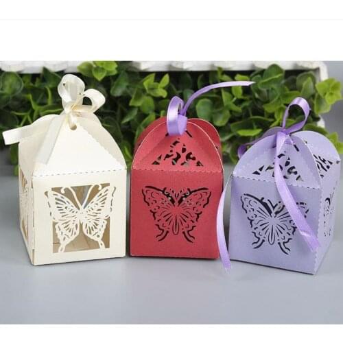 Wholesale- 200pcs Laser Cut big Butterfly hollow paper candy box wedding favor box baby shower gift box with ribbon