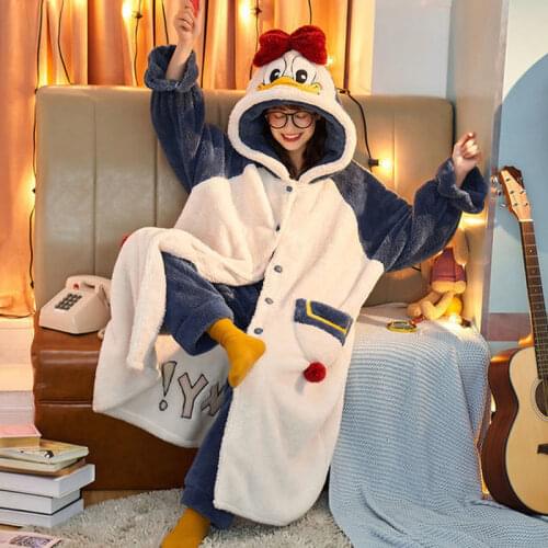 Pajamas Women Spring and Autumn Coral Fleece Robe Thickened Flannel Sweet Girl Hooded Suit Pajamas for Women Pajama Set