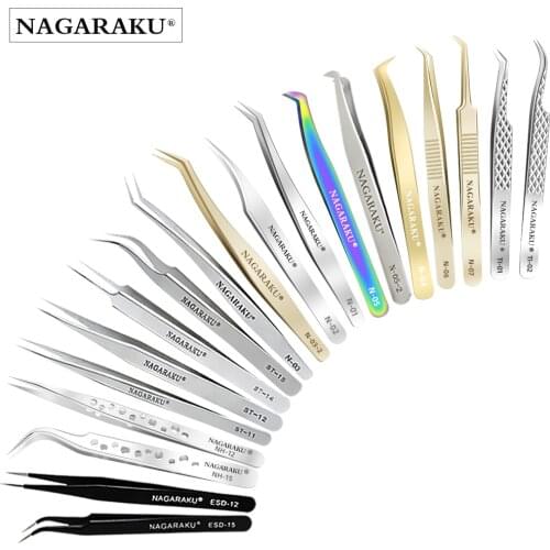 NAGARAKU Excellent Quality Stainless Steel Industrial Anti-static Precision Tweezers Eyelash Extension Tools Eyelash Tweezers