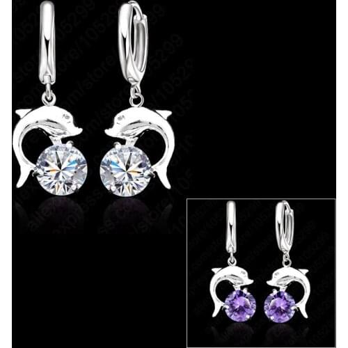 Hot Sale 925 Sterling Silver Cubic Zirconia Lever Back Loop Earrings Lovely Dolphin Design Jewelry For Woman Girl
