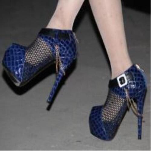 SHOFOO shoes,Elegant stylish blue plaid Pu leather stitching blue mesh, gold chain decoration, 14.5 cm high-heeled shoes