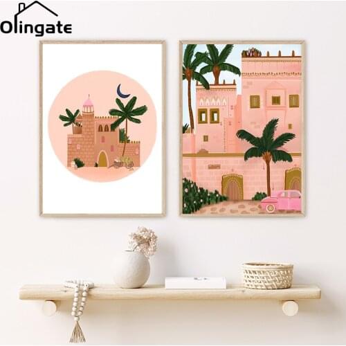 Nordic Moroccan Wall Art Cartoon Pink Picture Palm Building Poster One Piece Canvas Poster Home Decor for Living Room Bedroom