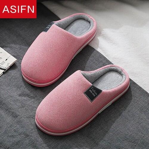 ASIFN Winter Home Slippers Women Cotton Indoor House Slippers Men Non-slip Soft Bottom Warm Shoes Couple Simple Plush Half-pack