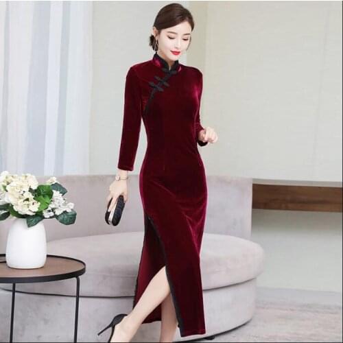 Spring Cheongsam dress Retro Qipao Chinese traditional dress Long sleeve Velvet