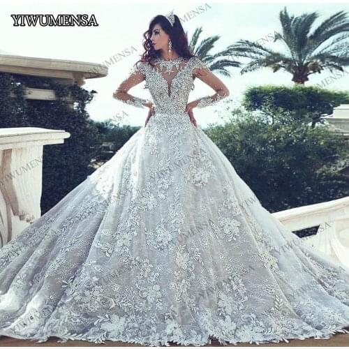 YIWUMENSA Sexy Crystal Beading Ball Gown Wedding Dress Luxury Long Sleeve Bride Dresses Illusion Tulle Back Vestidos De Novias
