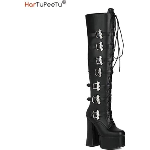 Winter Over the Knee Boots Women 2021 PU Faux Leather Punk Black Pumbs Cross Lace-Up Bat Buckles Chunky Heel Platform Shoes