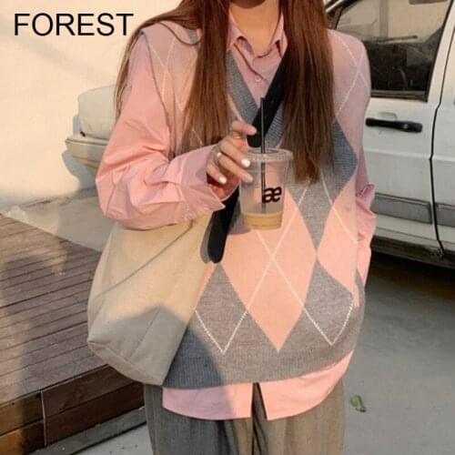 Pink Knitted Cardigan Womens Outer Lattice Vest 2021 New Autumn And Winter V-neck Vest Outer Sweater