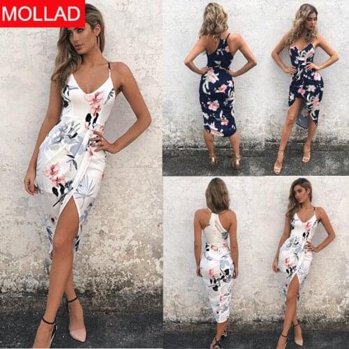 New Printed V-neck Strap Irregular Slit Dress Summer Strapleass Women Dresses Bohemia dress for Lady