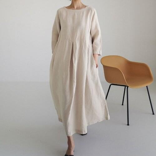 2021 Loose Dress Female Japanese Korean Version Autumn Cotton Leprosy Round Neck Pullover Solid Color Long-sleeved Long Dress