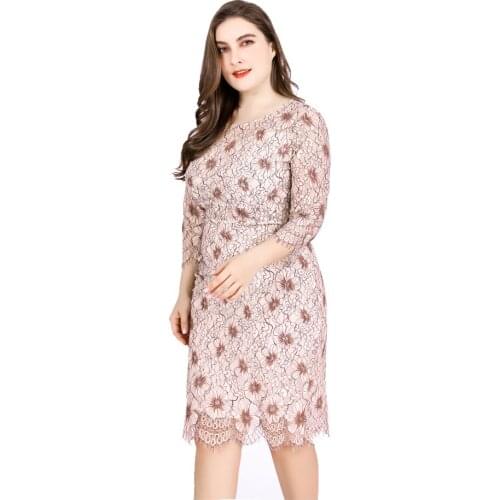 Large size Women Summer Dress 2019 Casual Seven-quarter sleeve Dress Boho Floral Openwork lace Elegant Dresses HC001