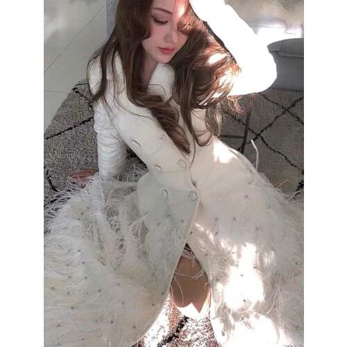 Womens autumn and winter new style lapel long-sleeved double-breasted heavy beading ostrich feather long woolen pink white coat
