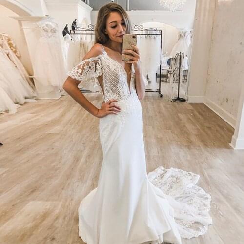 Mermaid Spaghetti Straps Wedding Dress Detachable Sleeves Off Shoulder Beach Vestido De Noiva Bride Dresses Lace Sweep Train New