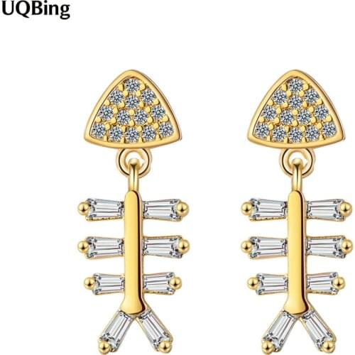 Gold & Silver Color Fish Bone Zircon Wedding Stud Earring 925 Sterling Silver Gifts Jewelry