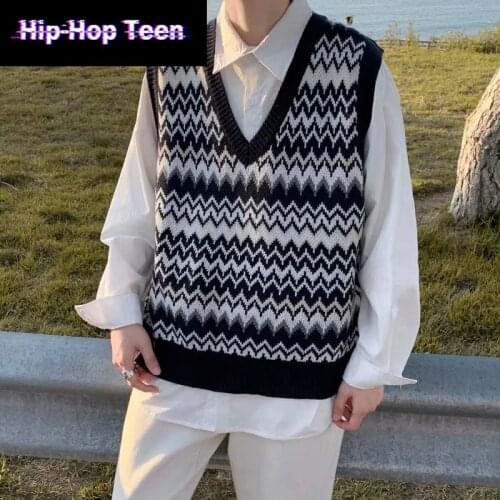2021 Sweater Vest Plaid Vintage Harajuku Stylish Street-wear Couples Simple V-neck Sleeveless Sweaters Korean-style Sweater Vest