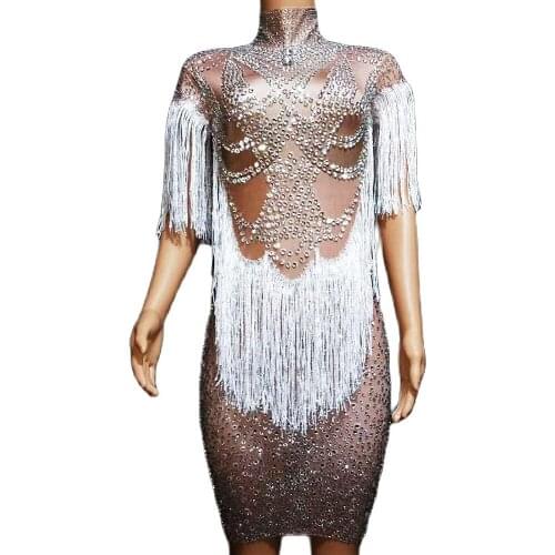 Glistening Silver Fringes Rhinestones Women Dress Leotard Short Dresses DJ Singer Stage Wear Nightclub Show Performance Costume