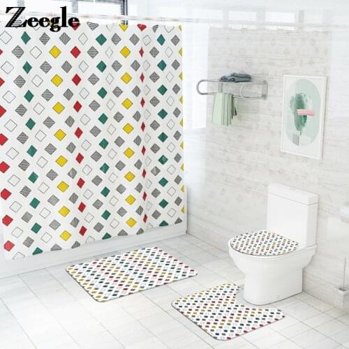 Flannel Bathroom Carpet Rug Plaid Printing Shower Curtain and Home Decor Bath Mat Set Memory Foam U-Shaped Toilet Rug Set