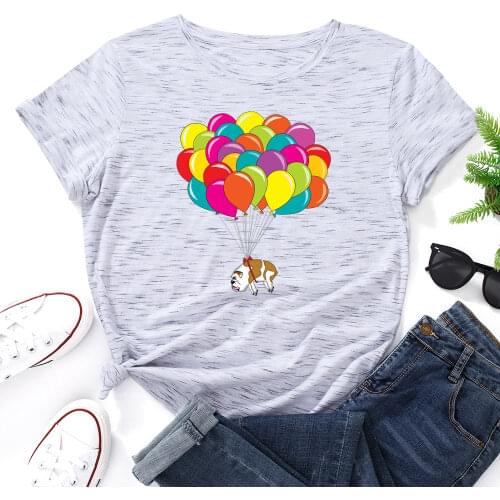 Graphic T Shirts for Women Cotton Short Sleeve Tee Female Shirt Tops Summer Clothes Dog Bulldog Multicolored Balloons Flying Sky