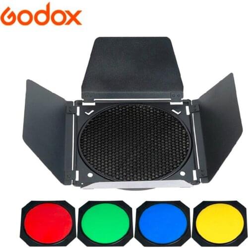 Godox BD-04 Barn Door + Honeycomb Grid + 4 Color filter Kits for Photo Studio Flash