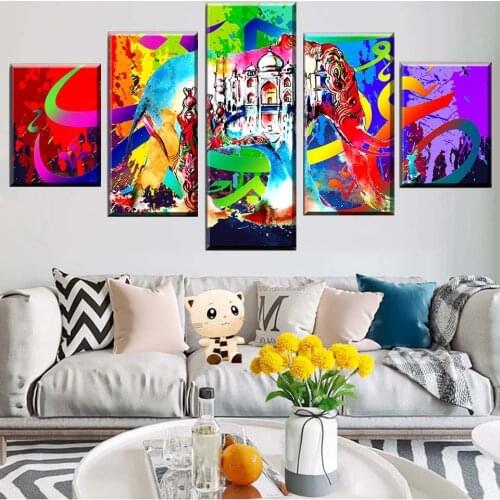 HD Print Poster Wall Art Canvas Home Decor 5 Pieces Color Abstract Indian Elephant Painting Taj Mahal Picture Modular Frame