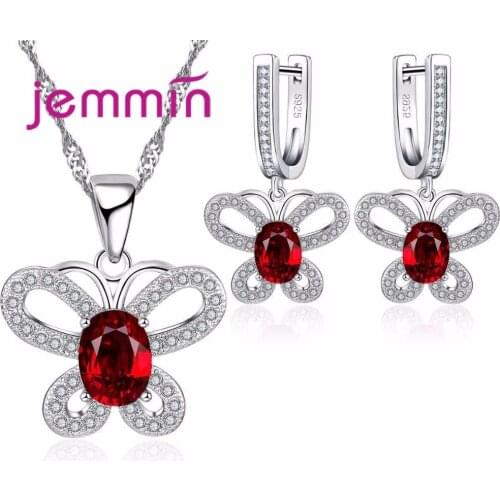 Beautiful Butterfly Jewelry Sets for Women 925 Sterling Silver Wedding Jewelry Set Red Oval CZ Necklace Earrings Set Party Gift