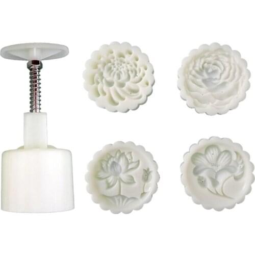 Round Hand Press 4 Stamps 75g Mooncake Mold Mid Autumn Festival DIY Hand-Pressure Decoration Cookie Baking Food Grade Material K