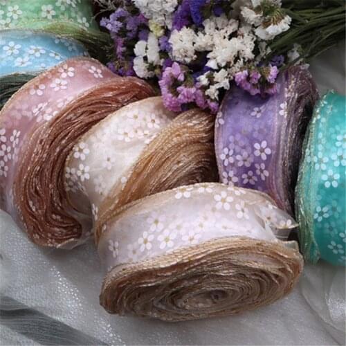 5 yards Gold Line Edge Flower Printed Yarn Organza Stain Ribbon for Hair Accessories Bow Sewing Materials Gift Box Wrapping