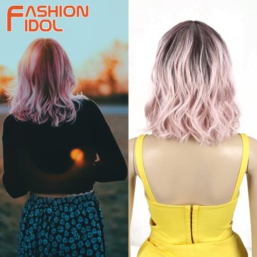 Lolita Style Pink Wigs With Bangs Cosplay Short Body Wave Hair 12 Inches Anime Synthetic Blue Wig For White Women FASHION IDOL