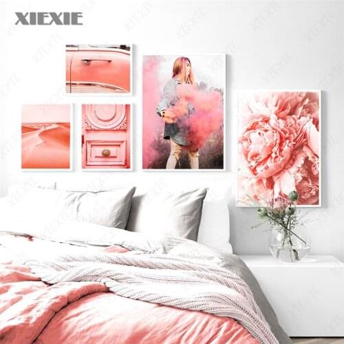 Pink Flower Car Dune Conch Girl Wall Art Canvas Painting Nordic Posters and Prints Landscape Wall Pictures for Living Room Decor