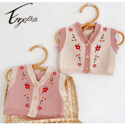 Engepapa 2021 New Baby Girls Sweet Knitted Sweater Vest Coat Embroidery V-neck Flowers Sleeveless For Infant Baby Autumn Clothes