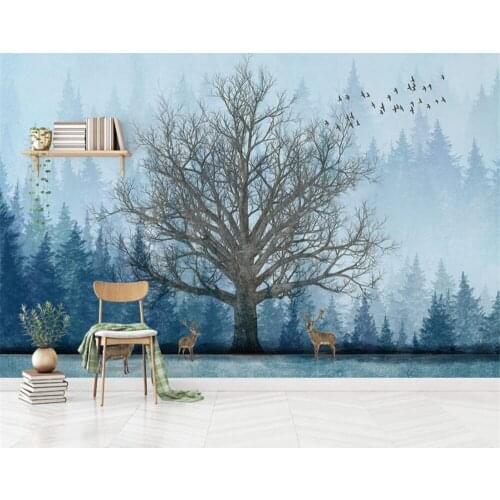 Beibehang Custom Wall Wallpaper murals Nordic abstract hand painted forest big tree Elk TV background wall 3d wallpaper behang