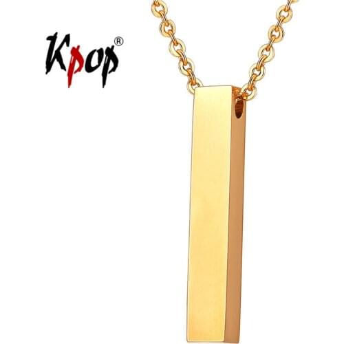 Kpop Customized Engraved Punk Necklaces Hip Hop Jewelry Stainless Steel Gold Color Cube Bar Pendant Necklace for Men Women P3333