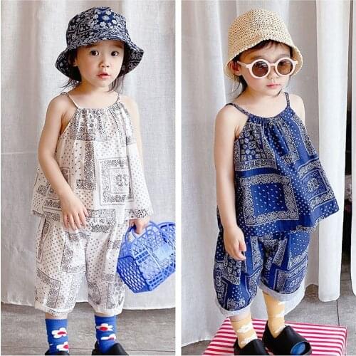 Girls Sling Summer Sets Kids Print Sling Tops And Pants Outfits 2Pcs Cool Holiday Beach Korean Style Children Suits 1-6Y