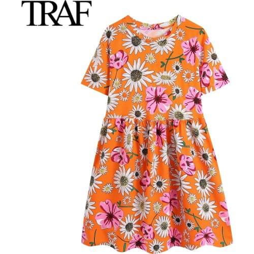 Traf Za Women Fashion Short Sleeve Dress Summer Vintage Flower Dress Round Neck Loose A-line Mini Dress Vestidos Mujer