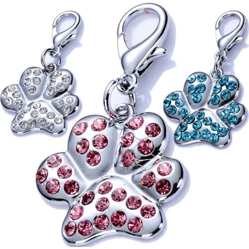 20pcs/lot Paw Shaped Dog Collar Charm Rhinestone Jewerly Pet Tags Accessories Crystal Pendant White Blue Pink Colors