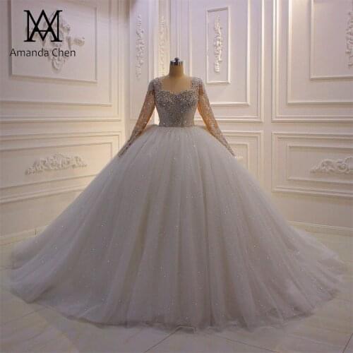 Wedding gowns for bride Full Sleeve Lace Appliqued Crystal Square Neckline Wedding Dress