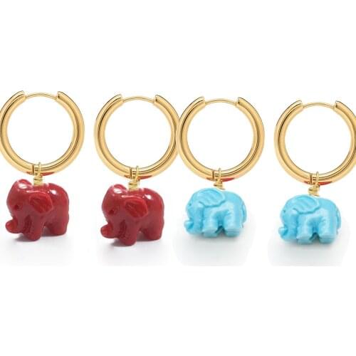 Jewelry Female Vintage simple red black blue coral resin animal elephant dangle drop stainless steel hoop Ladies Chic Earring