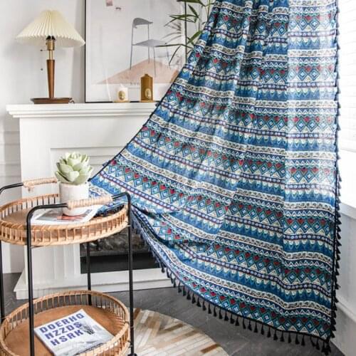Retro Bohemian Blue Geometric Printing Small Window Kitchen Curtain Cotton And Linen Semi-Shading Bedroom Bay Window Curtain