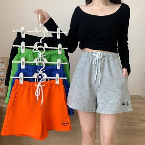 Womens Summer Shorts High Waist Elastic Drawstring Letter Embroidery Girl Streetwear Casual Loose Fashion Sports Shorts 2021 New