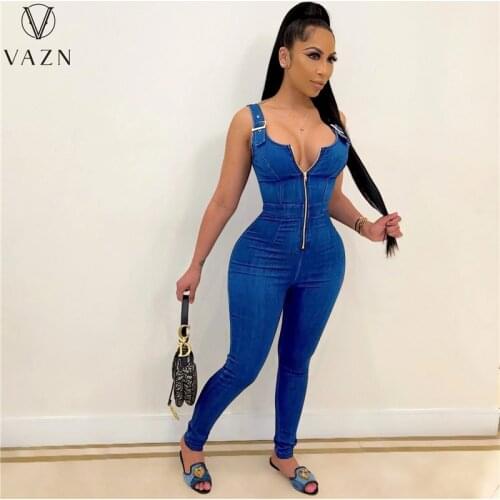 VAZN Europe and the United States Womens Summer New High Elastic Imitation Jeans Strap Casual Jumpsuit Long Pants